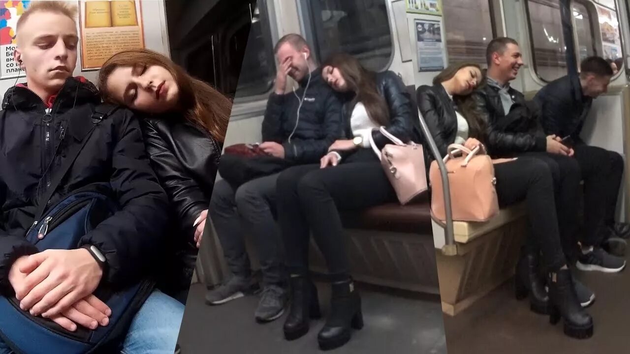 Девушка уснула в метро.
