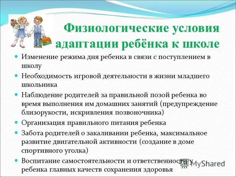 Новые изменения в школах. Условия адаптации ребенка к школе. Физиологические условия адаптации первоклассника.