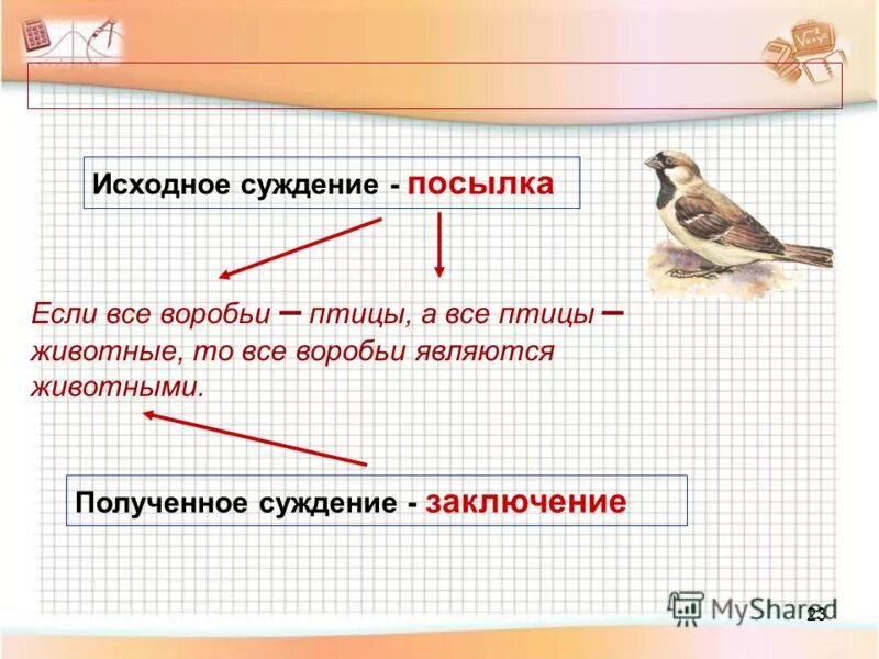 суждение умозаключение. воробей домовой пение. примеры ин умозаключения. предложение про воробья. форма мышления посредством которой из одного или нескольких суждений.