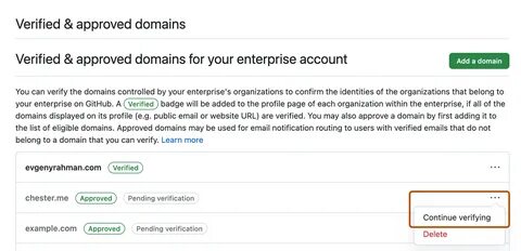 Verifying or approving a domain for your enterprise - GitHub Enterprise Clo...