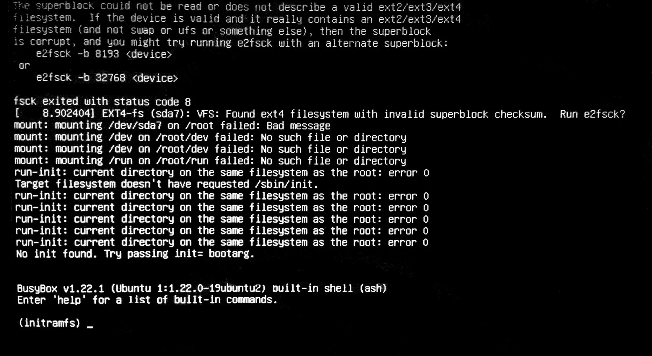 Ubuntu ошибка. Команда fsck в Linux. Ошибка при запуске линукс. Ошибка initramfs. Mount directory