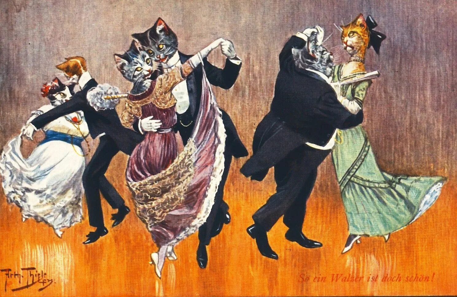 Вальсирующий кот. Танцующие кошки. кошка балу. коты на балу. старинные открытки танцы.