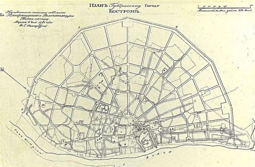 Улицы расположены в виде веера золотого кольца. План Костромы веер торговые ряды. План города Кострома. 1781 Год новый план Костромы. Кострома план города веер.
