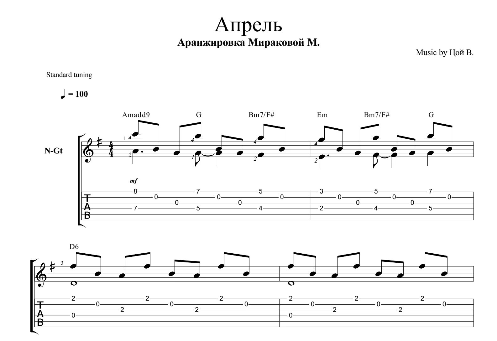 Авторская аранжировка для шестиструнной гитары от Марины Мираковой. Апрель Цой для гитары Ноты. Табы для гитары Цой. Новинки песни апрель