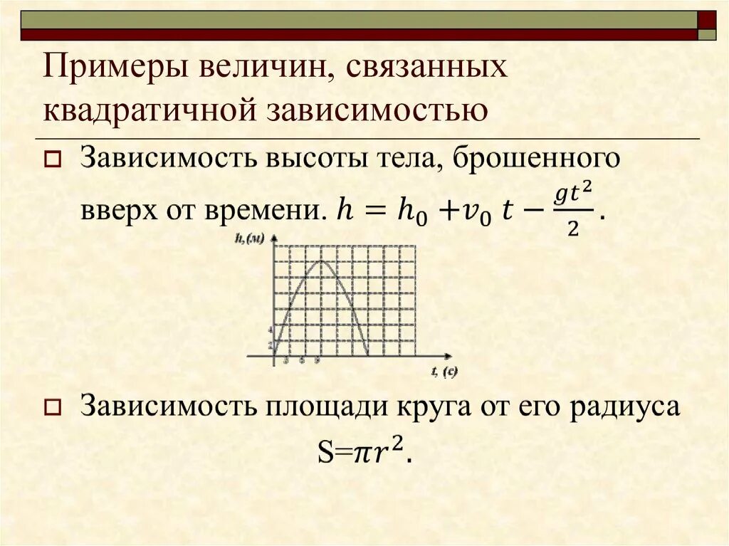 Зависимость какой величины от времени. Примеры квадратичной зависимости. Примеры зависимости величин. Привести примеры квадратичных зависимостей. Квадратичная зависимость в физике.