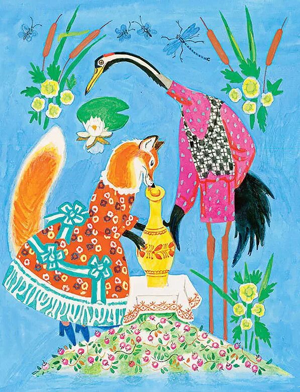 иллюстрация к сказке лиса и журавль. русские сказки лиса и журавль. алтайская народная сказка лиса и журавль. лиса и журавль народная. лиса и журавль.