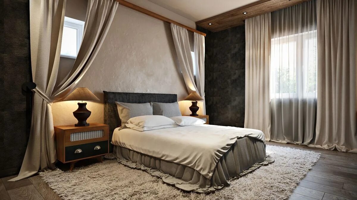 Шторы в интерьере спальни. Шторы в спальню с темной мебелью. Шторы для комнаты в бежевых тонах. Сочетание обоев и штор в интерьере. Полосатые шторы.