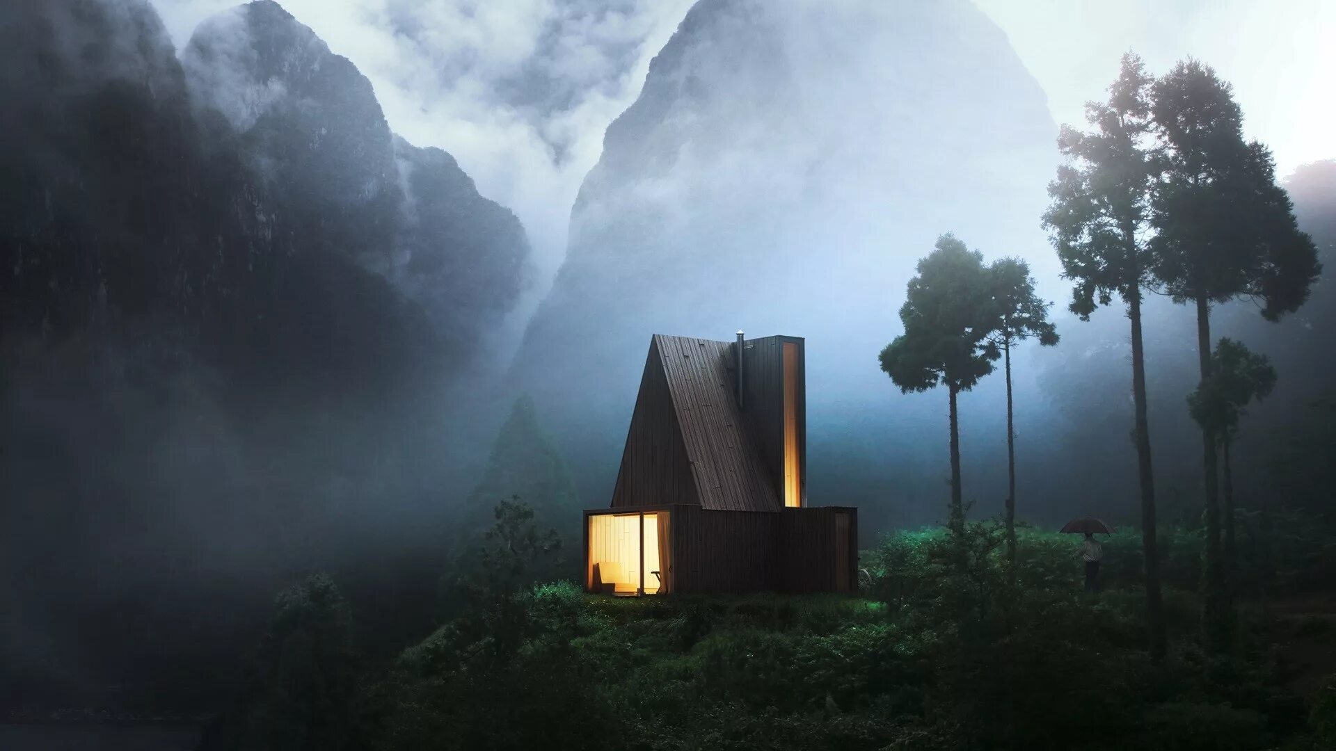 Земля с дома утро. Дом в лесу в тумане. Атмосферный домик. Атмосферные пейзажи. Домик в тумане.
