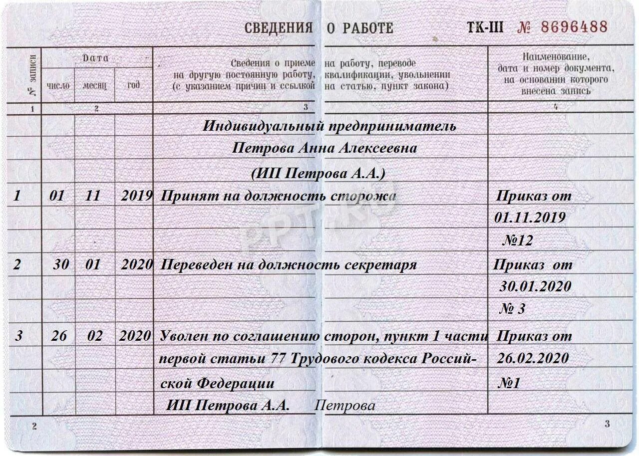 Образец заполнения трудовой книжки 2021. Запись о приеме и увольнении в трудовой книжке образец. Запись в трудовой книжке о приеме в ИП образец заполнения. Трудовая книжка заполнение ИП образец.