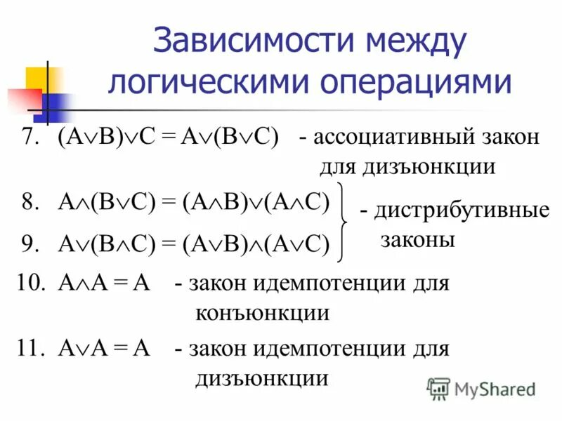 Дистрибутивный шок. Зависимости между логическими операциями. Дистрибутивный закон. Свойства логических операций. Ассоциативность логических операций.