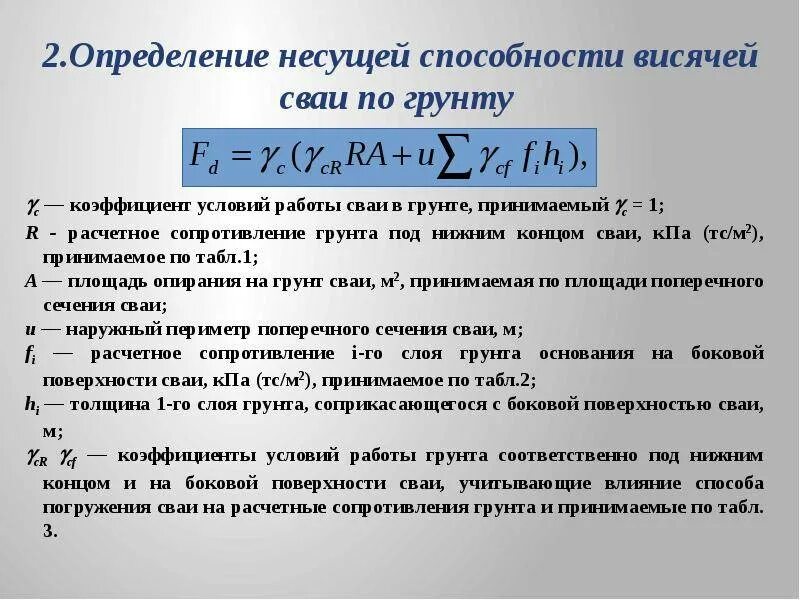 Что значит несущая способность. Формулы для расчета несущей способности свай. расчет несущей способности висячих свай. формула для определения несущей способности сваи. несущая способность висячей сваи.