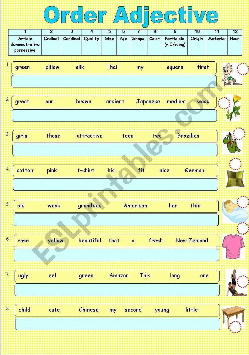 Порядок прилагательных Worksheets. Order of adjectives Worksheets. Порядок прилагательных в предложении Worksheet. Упражнения order of adjectives Worksheets.