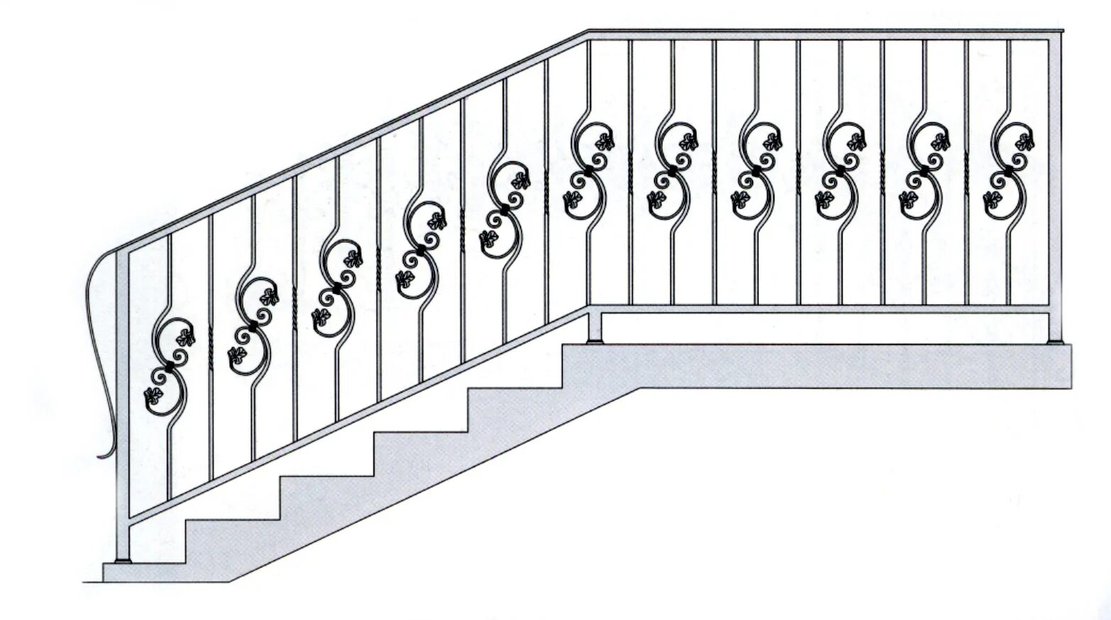 На рисунке схематично изображены перила лестницы. Кованые перила для лестницы. Перила из кованых элементов. Ограждения лестниц эскизы. Металлические узоры для перил.