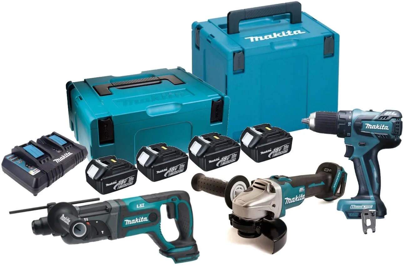 Набор перфоратор болгарка. Makita dlx2430tj. Набор аккумуляторного инструмента Makita dlx2430tj (ddf486z, dga504z, MAKPAC). Набор аккумуляторного инструмента Makita dlxmua504. Комплект Макита 4в1.