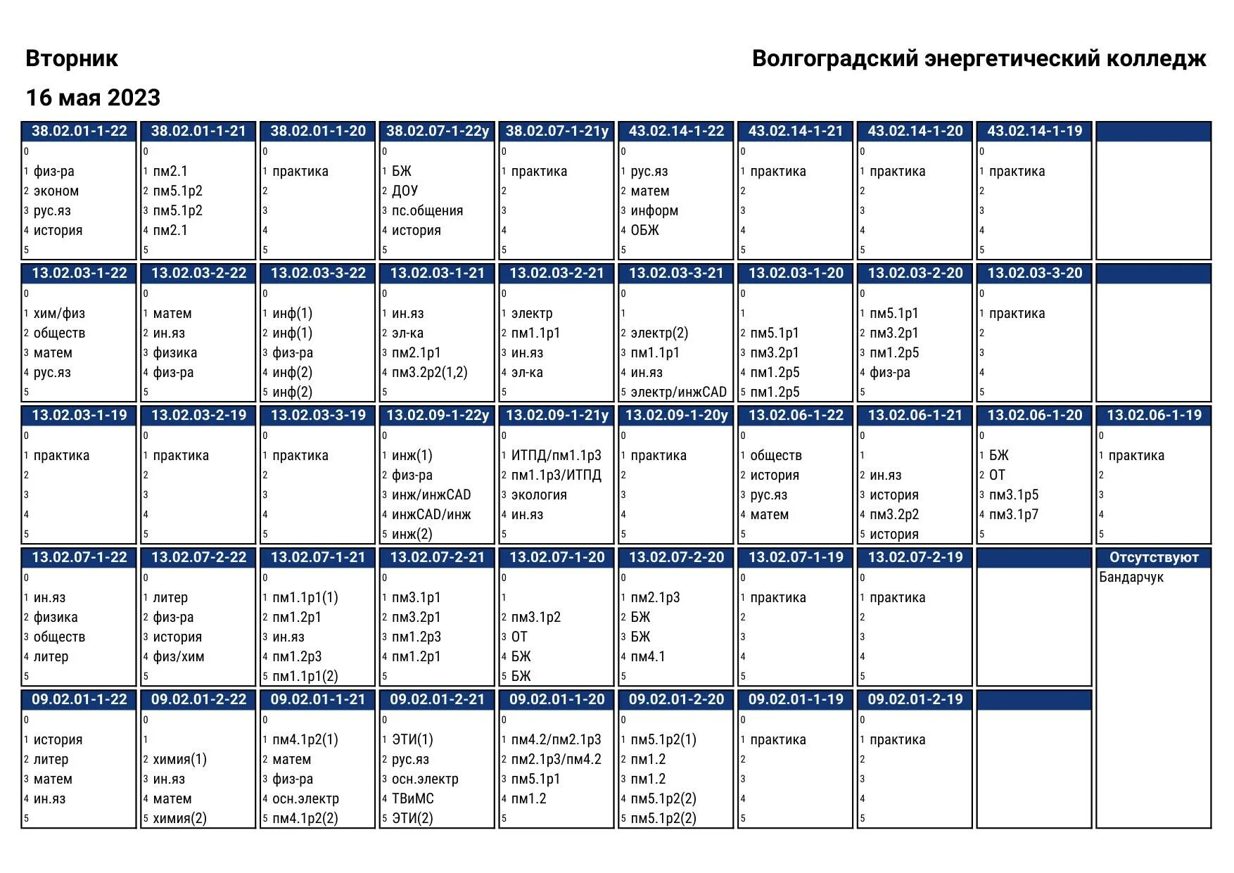 Расписание в колледже. Расписание 16.