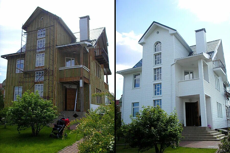 Дом до и после сайдинга. Реконструкция коттеджа. Фасад дома до и после. Отделка фасада до и после.