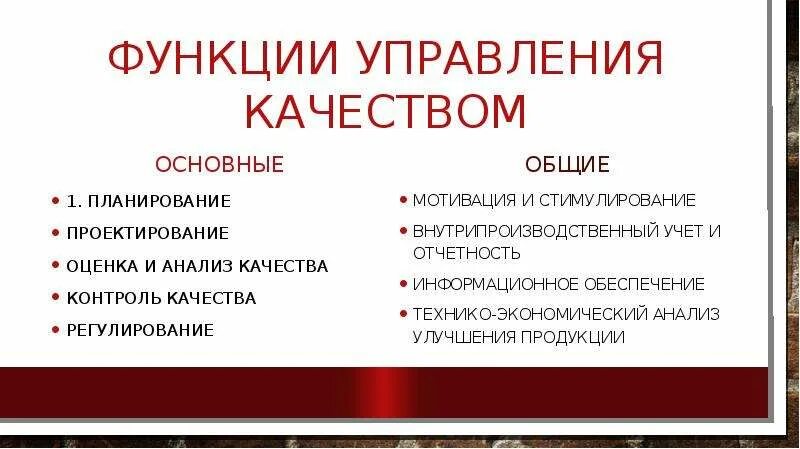 Основные функции управление качеством