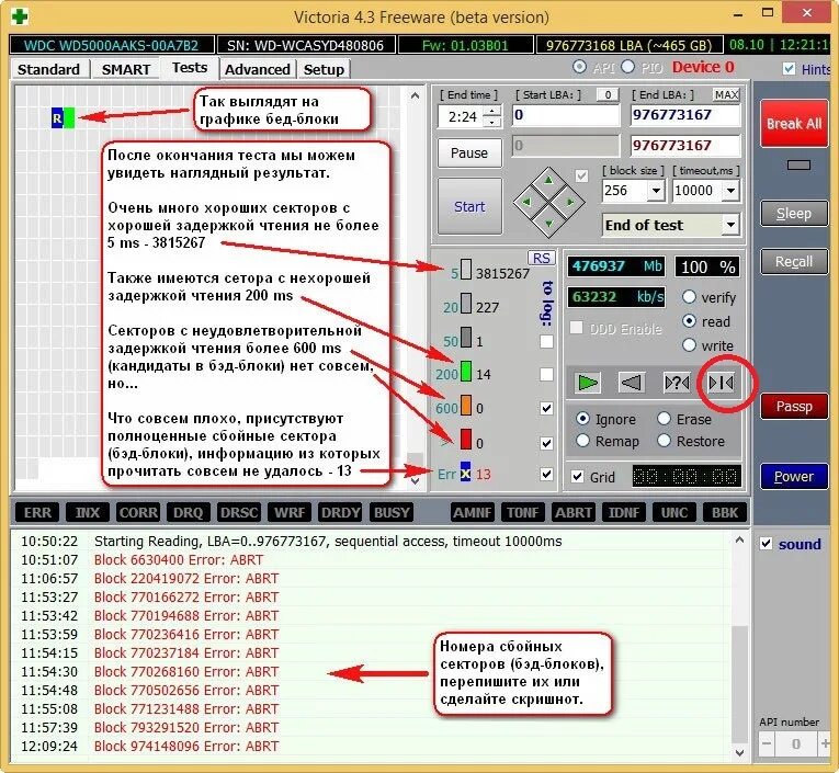 Block start at. Тест поверхности HDD В Victoria. Бэд блоки на жестком диске.