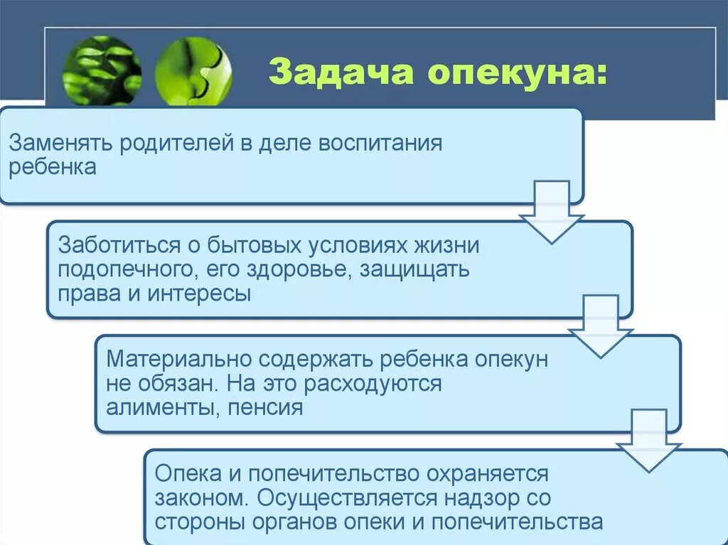 Задачи опекуна. В задачи опекуна не входит:. В задачи опекуна входит. Полномочия опекуна