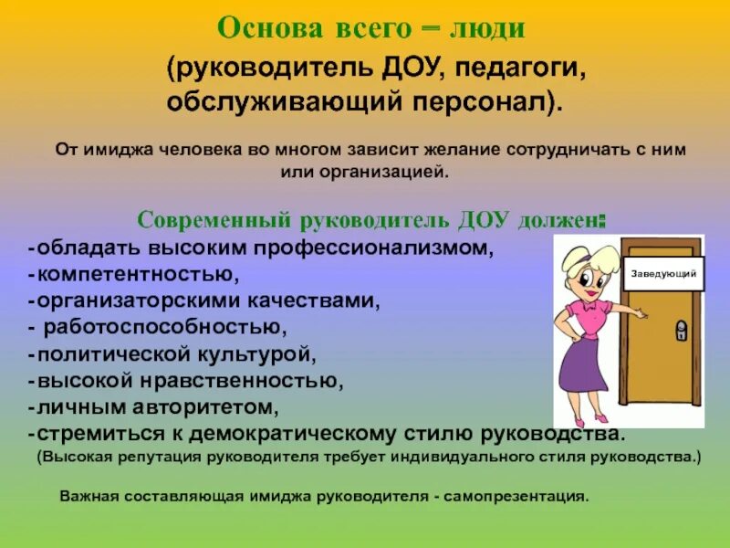 Образ доу. Профессиональные качества руководителя ДОУ. Современный руководитель ДОУ. Имидж педагога в детском саду. Требования к руководителю ДОУ.