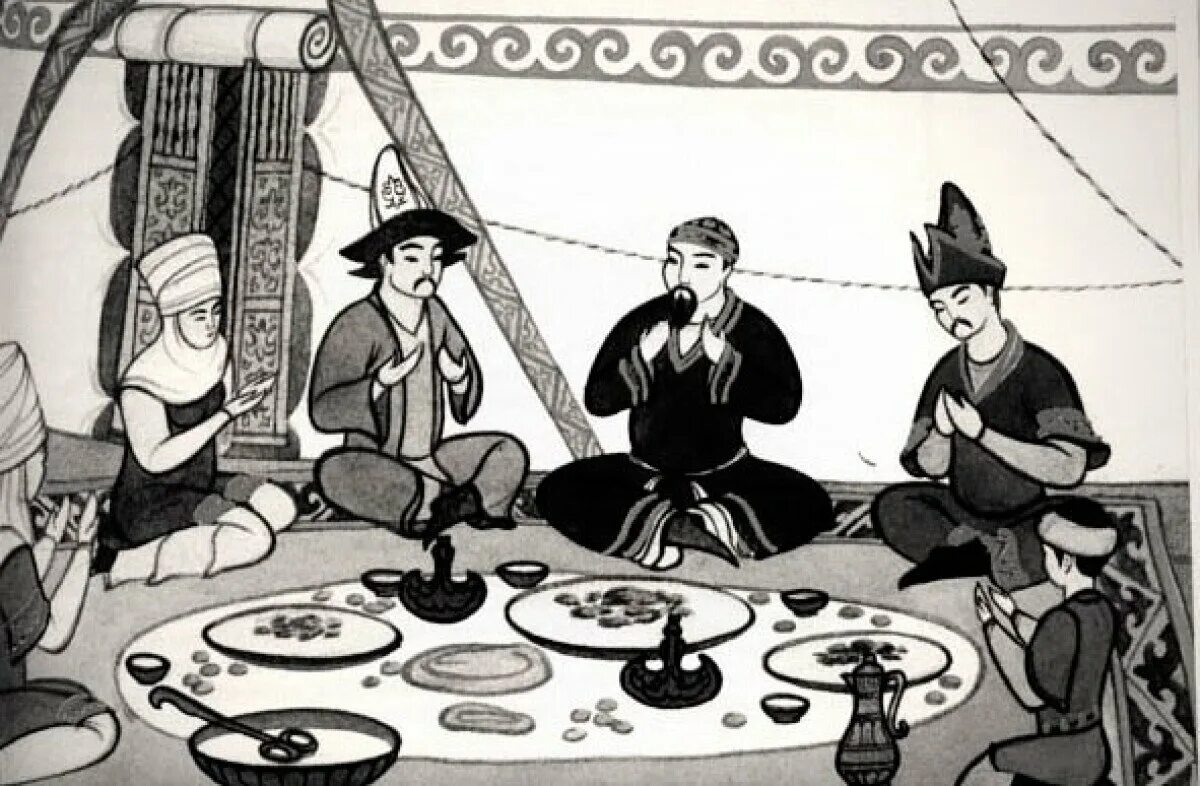 Традиции и обычаи казахского народа раскраски. Казахи за столом рисунок. Гостеприимство казахского народа. Бата на казахском.