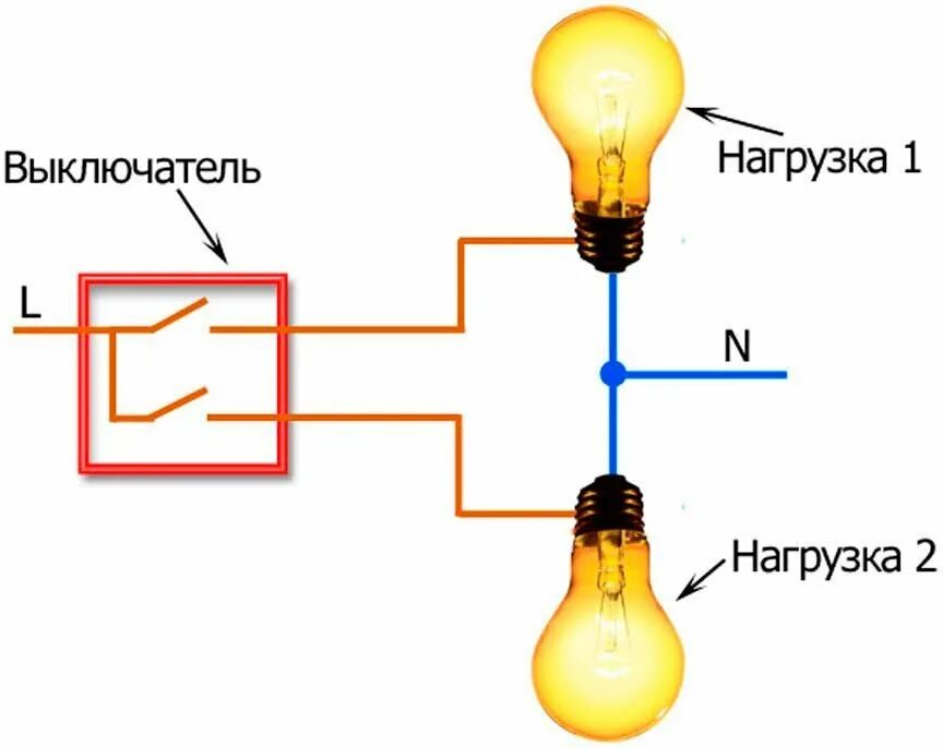 Как подключить 2 лампочки к одному выключателю схема подключения. Схема подключения двухклавишного выключателя на 2 лампочки. Схема подключения выключателя к лампочке 2 клавиши. Схема подключения 2 ламп на один выключатель. Как подключить свет через выключатель