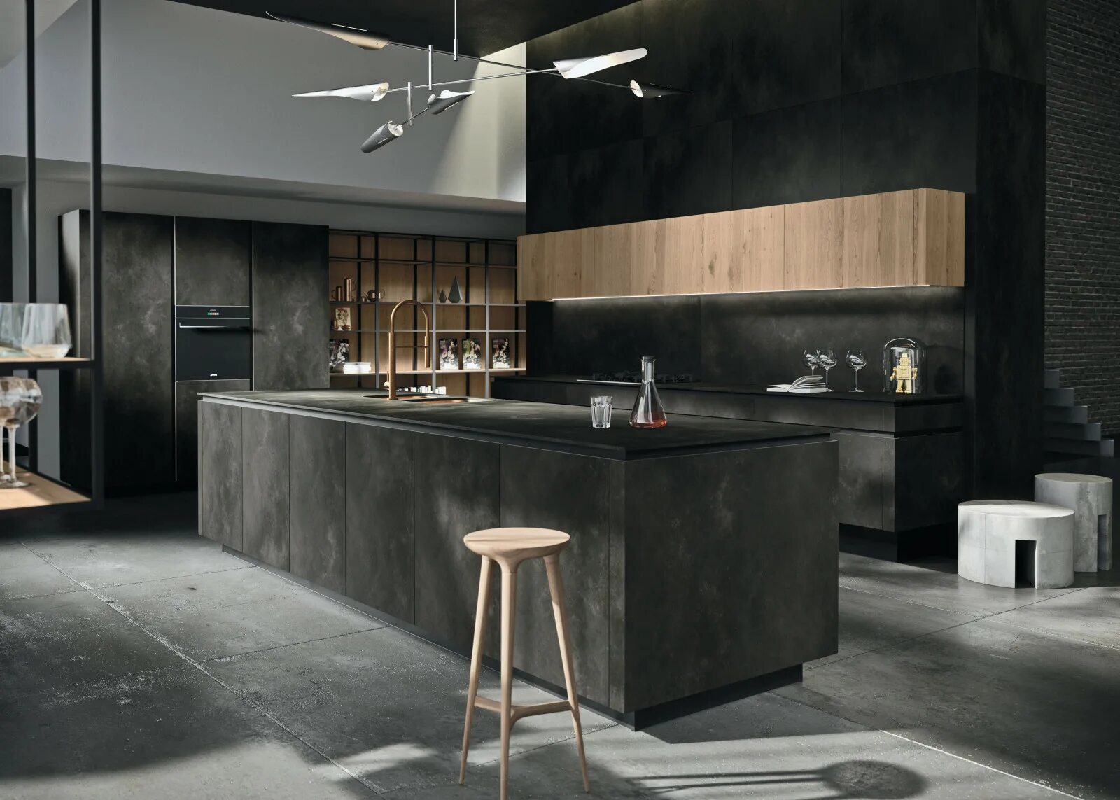 Кухня из керамогранита. Кухня way, snaidero. laminam l-wood. ламинам ossido nero. керамогранит laminam ossido.