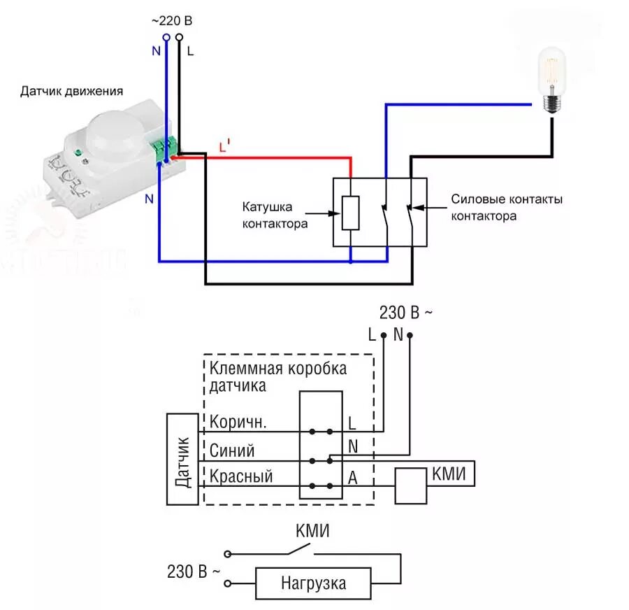 Схема подключения датчика движения через контактор. Датчик движения схема подключения 220в. Схема подключения датчика света через контактор. Схема подключения датчика движения для освещения. Как отключить датчик света