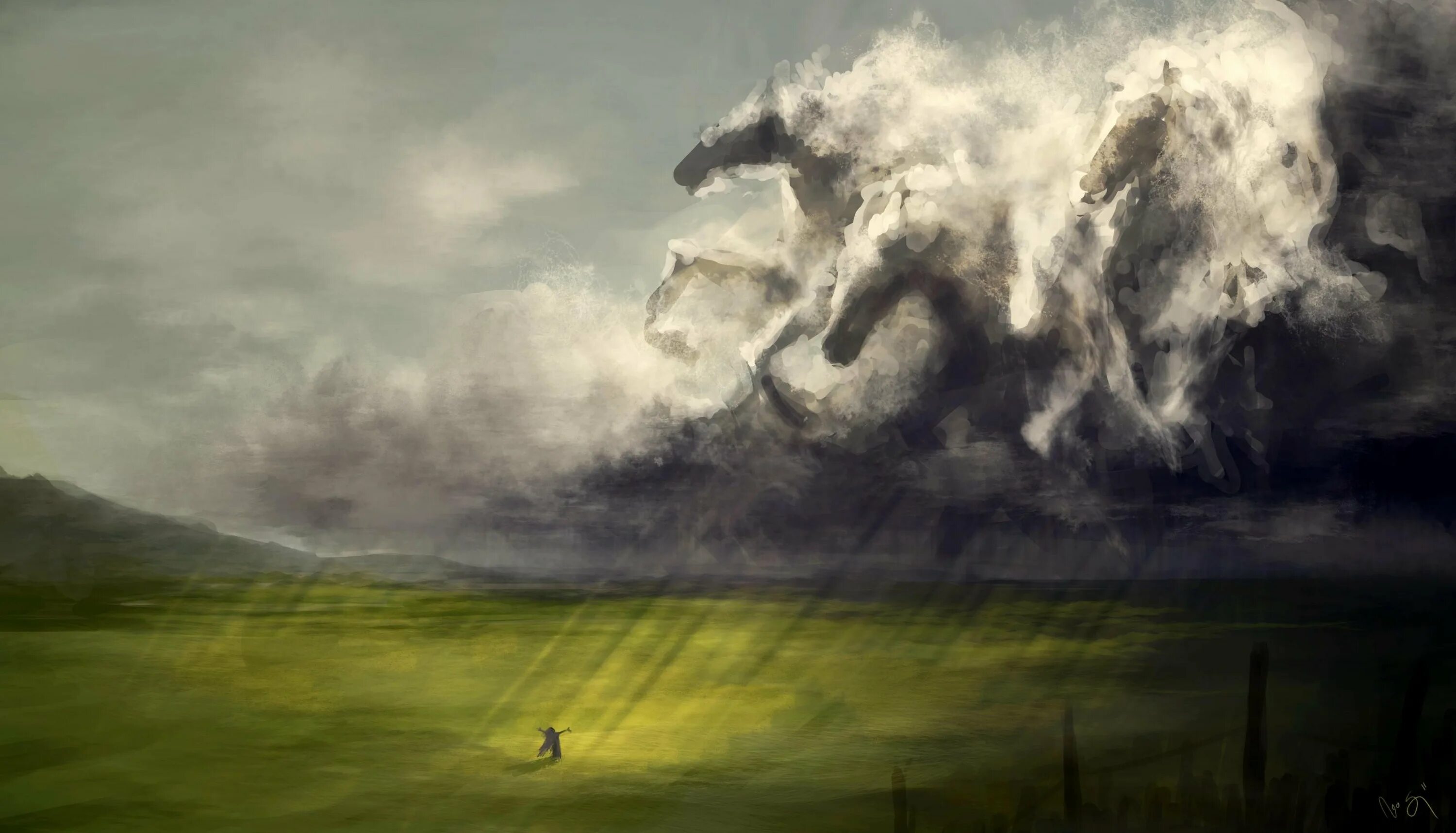 Грозовые тучи. Лошадь в тумане. Пейзаж буря. Гроза и ветер.