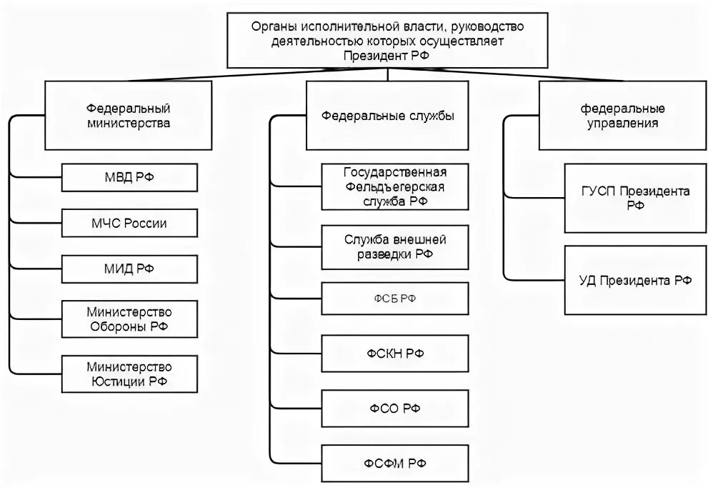 Исполнительной власти министерств ведомств и. Структура органов исполнительной власти РФ схема 2022. Структура подчинения силовых структур РФ. Схема подчинения структур президента России. Иерархия правительства РФ от президента схема.