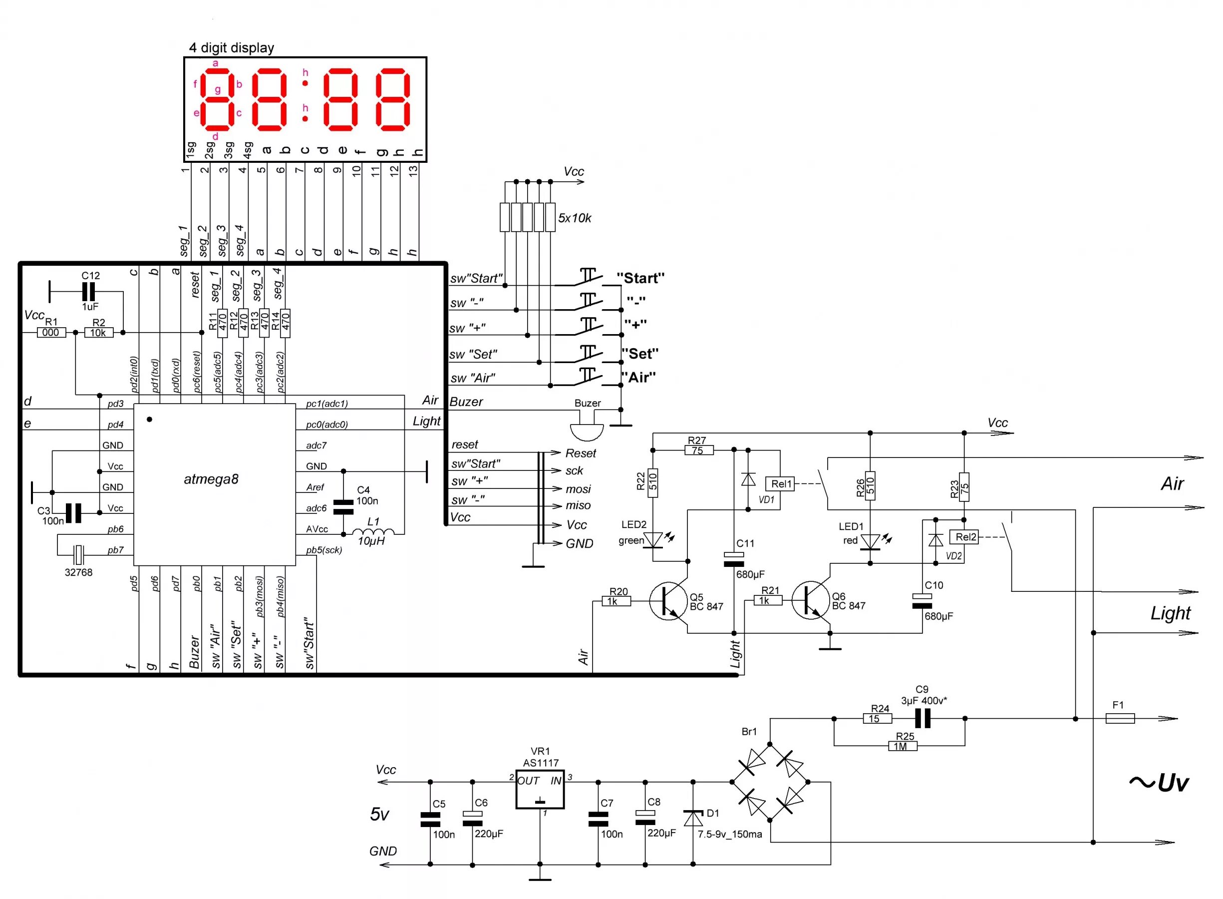 Схема таймера на atmega8. Таймер для кухни на pic16f628a с энкодером. Таймер для фоторезиста на attiny13. Таймер на attiny2313 для фоторезиста. Таймер для спидрана