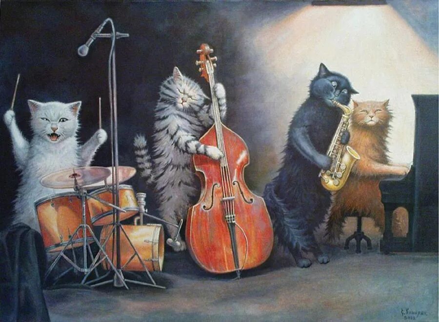 Музыкальных кошечек. Коты Степана Каширина картины. Коты музыканты.