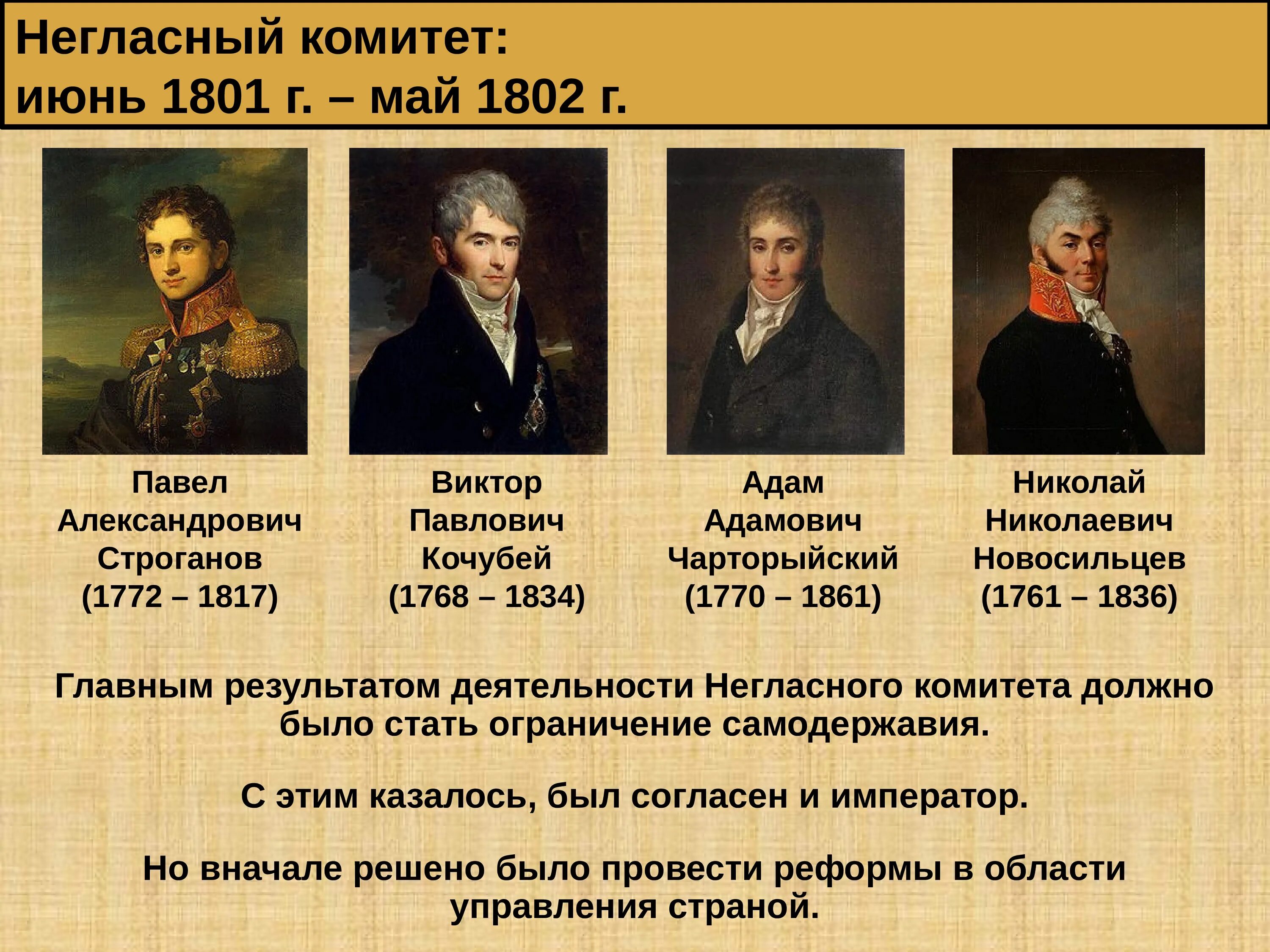 Созданный при александре 1. Негласный комитет 1801 - 1805.