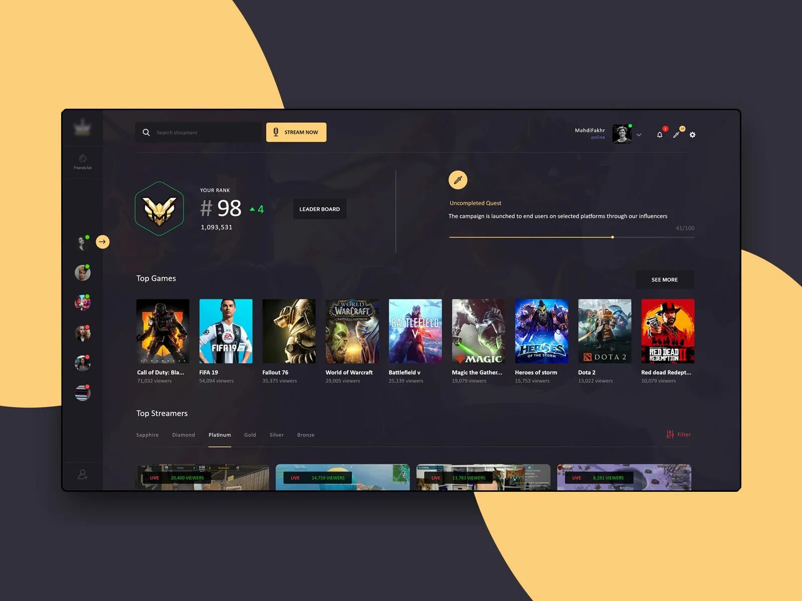 Платформы для стриминга. Gaming.dashboard. UI dashboard Gaming. Game UI Design. Гейм дизайн платформа.