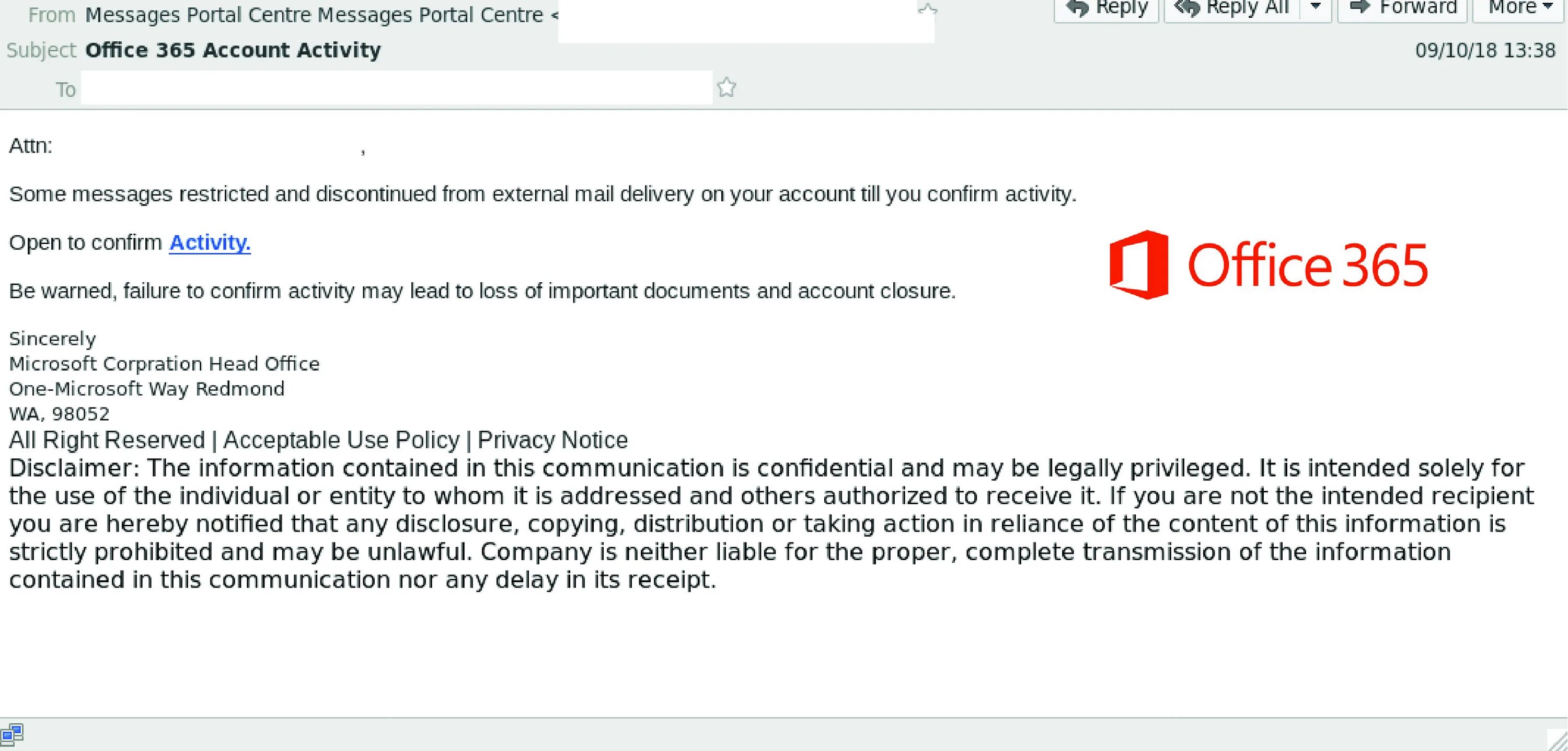 Mail delivery errors. Email disclaimer. phishing email example. disclaimer in email. account closing email.