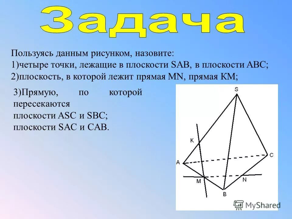 назовите прямые по которым пересекаются плоскости. стереометрия задачи. лежат на одной прямой. точка принадлежит плоскости. точка р лежит на прямой мn.
