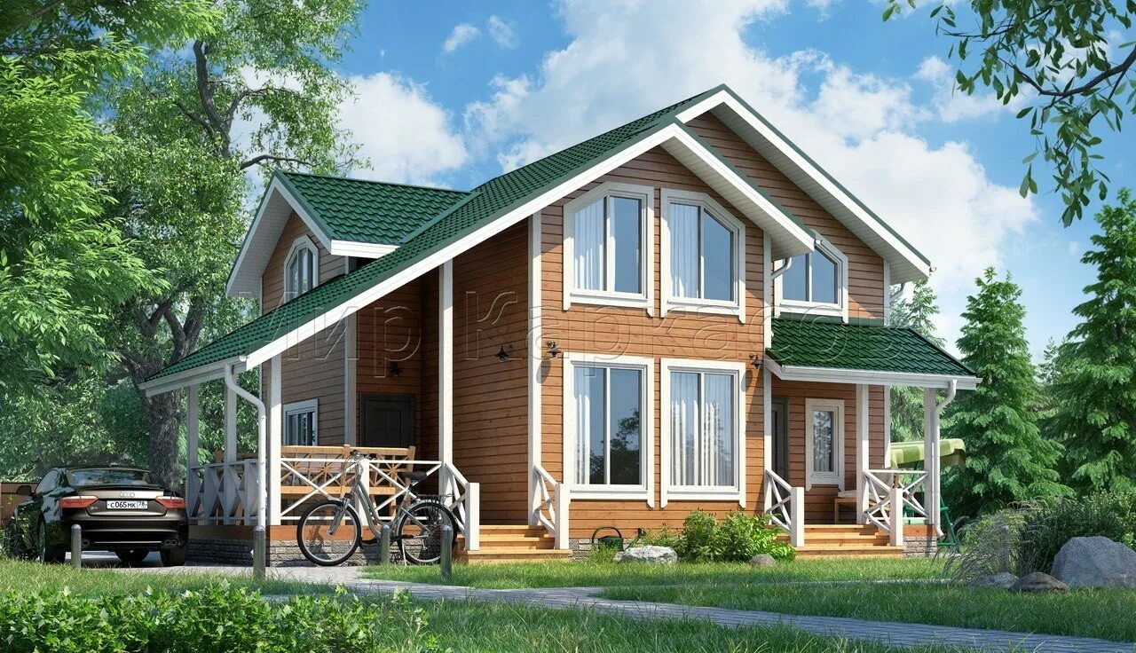 Домик с мансардой и террасой. Каркасный дом. Каркас проект под ключ. Каркасный дачный дом. Финский загородный дом.