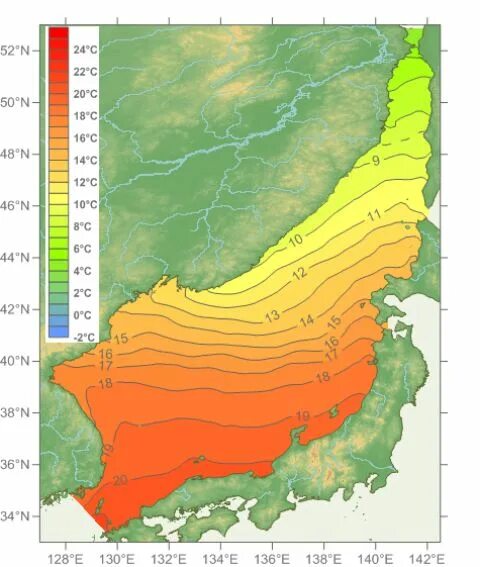 Температура воды на карте. Карта температуры японского моря. Японское море температура воды. Средняя температура японского моря. Температура поверхностных вод японского моря.
