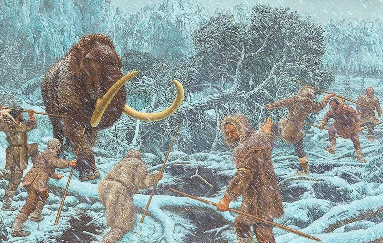 5 2 тысячи лет назад. Охота на Мамонтов первобытных людей. Охота на Мамонтов кроманьонцев. Ледниковый период первобытные люди. Палеолит охота на Мамонтов.