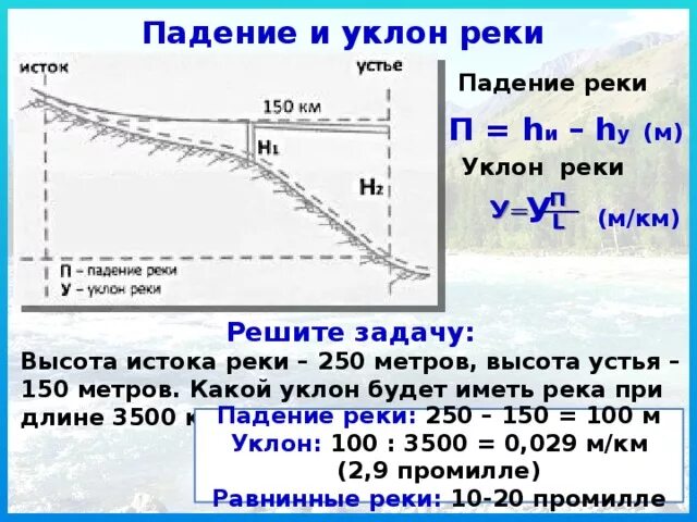 Скорость воды в реках. Падение и уклон реки. Уклон реки формула. Как рассчитывается уклон реки. Формула расчета уклона реки и падения.