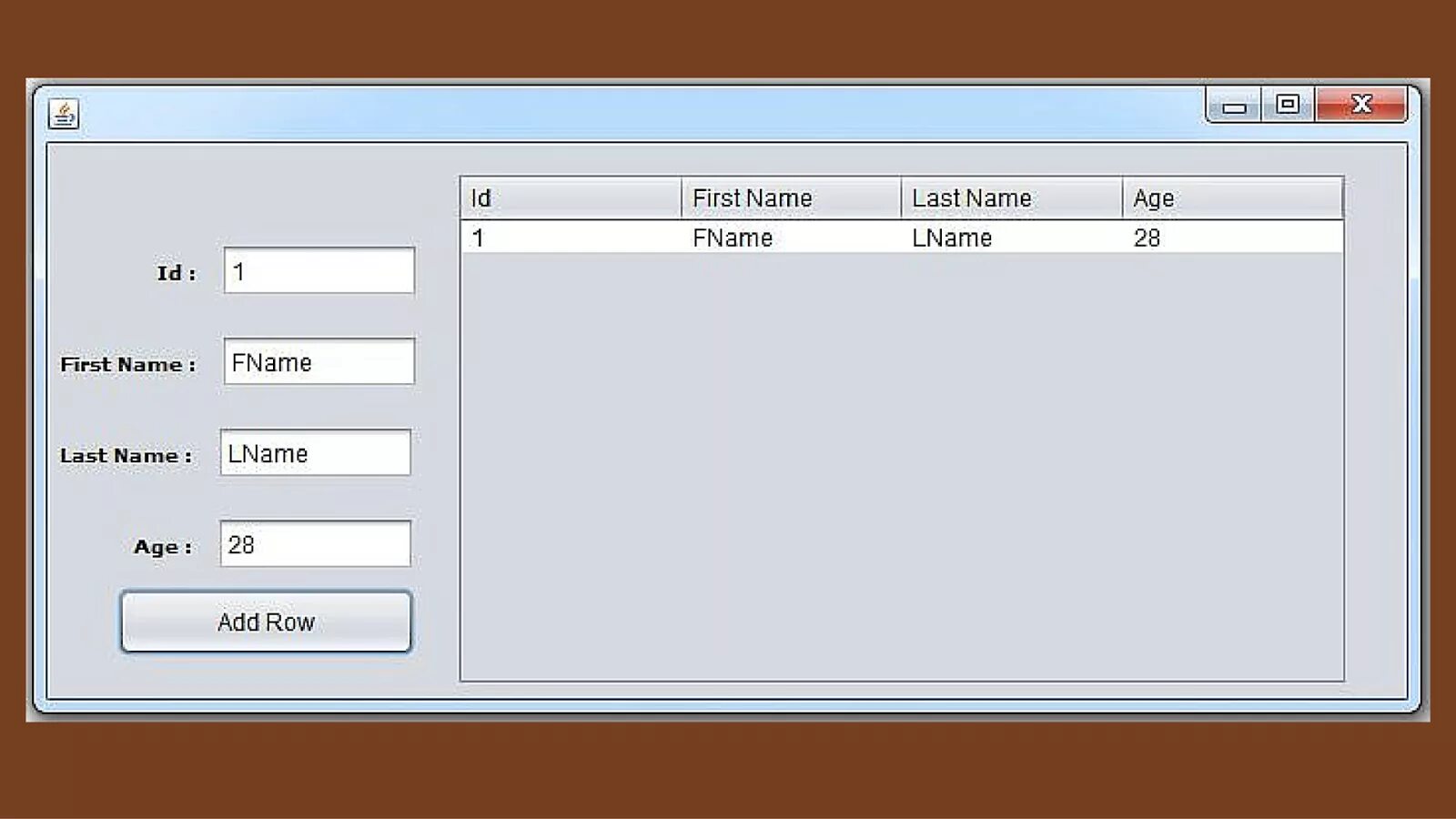 Columns java. Java swing код. jtable java. jtextfield java. fname lname.