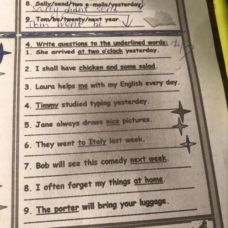 Write questions to the underlined. Write the questions. Write questions to the underlined Words. Ask questions to the underlined Words. Make questions to the underlined Words.