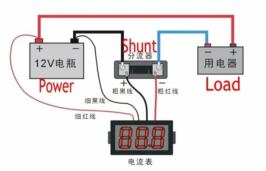 Вольтметр трехпроводной схема подключения. Амперметр с шунтом схема. Китайский вольтметр схема подключения с тремя проводами. Амперметр цифровой постоянного тока 0-10a.