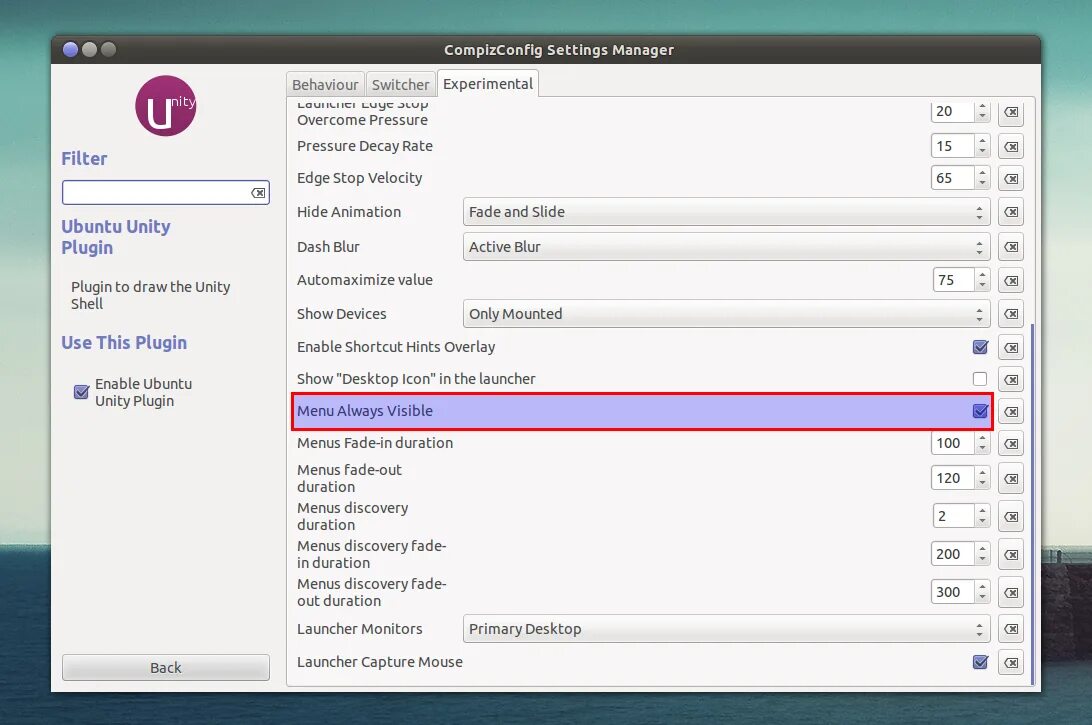 Меню application Ubuntu. Плагины Unity. Unity settings Launcher. Проблема установки Hide Panel Linux.