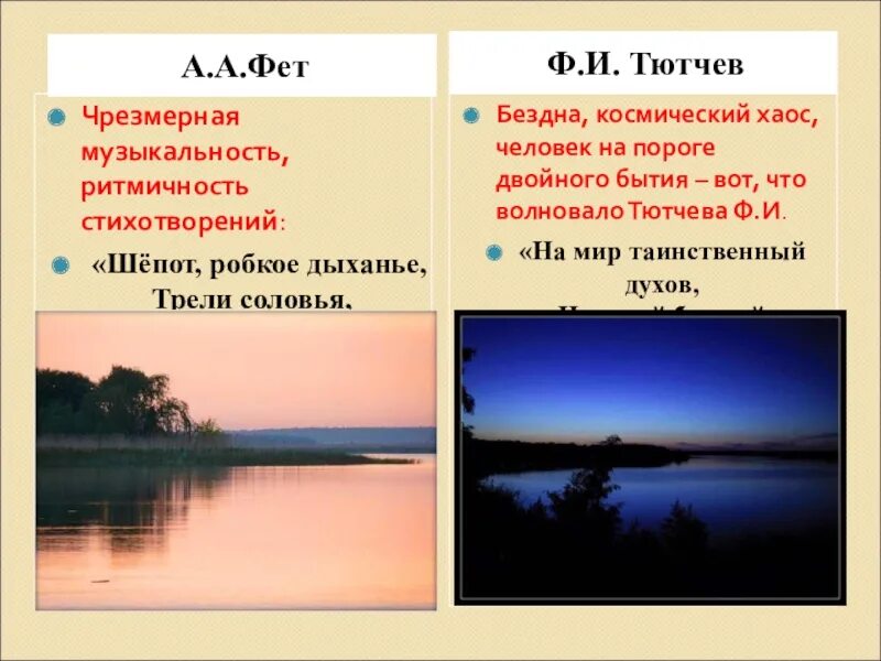 Летний вечер анализ 6 класс. Стихи Тютчева и Фета. Природа в лирике Тютчева и Фета. Сопоставить Тютчева и Фета.