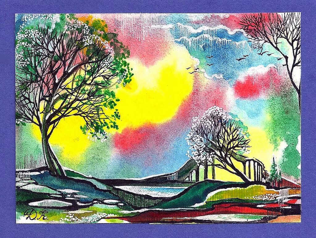 Пейзаж маркерами горы. Рисунки фломастером пейзаж. Прованс скетчинг поля лаванды. Картина цветные горы. Природа цветными карандашами.