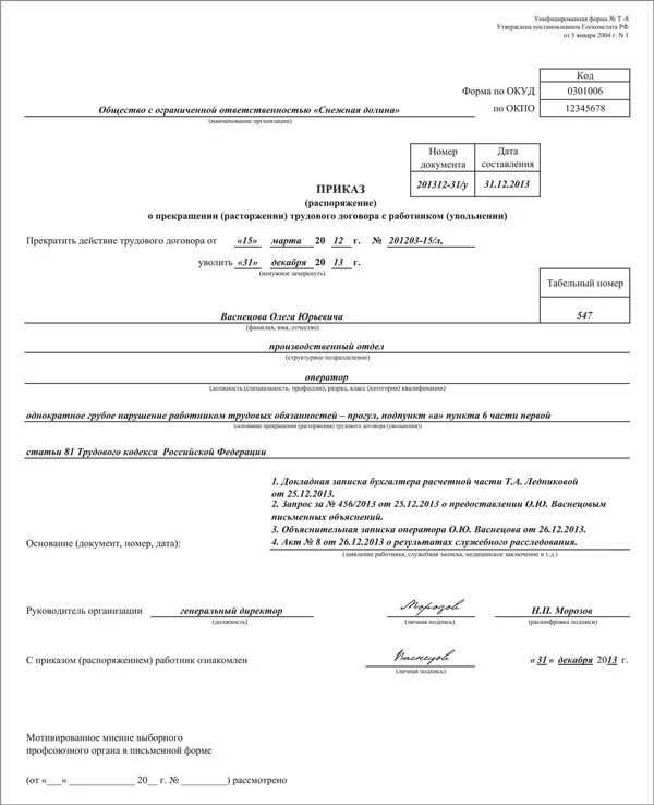 Приказ об увольнении работника за прогул образец. Приказ об увольнении сотрудника за прогул образец. Приказ об увольнении по инициативе работодателя образец. Акт об увольнении работника по собственному желанию.