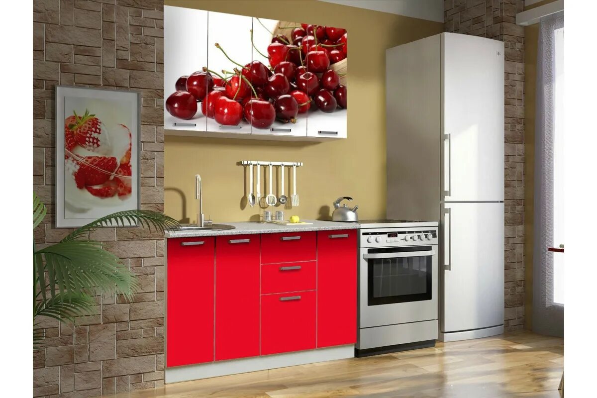 Кухня черешня 2.0 м. Кухонный гарнитур черешня. Красный кухонный гарнитур. Кухни с фотопечатью на фасадах. Кухня 1 22
