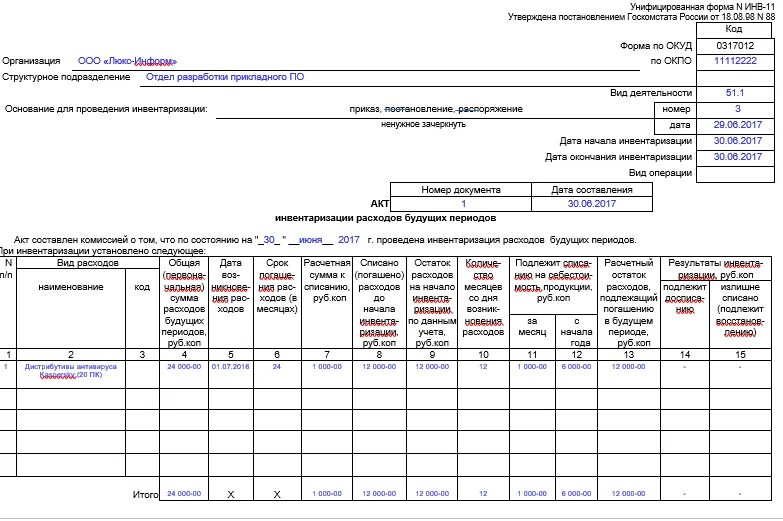 Акт инвентаризации счетов. Инв-11 акт инвентаризации. Акт инвентаризации расходов будущих периодов (инв-11) в 1с. Инвентаризация РБП форма инв-11. Акт инвентаризации доходов будущих периодов образец заполнения.