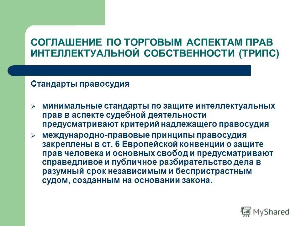 Дела о защите интеллектуальных прав. Соглашение по торговым аспектам прав интеллектуальной собственности. Аспекты внешнеэкономической деятельности. Принципы и стандарты международного правосудия. Международные стандарты правосудия.